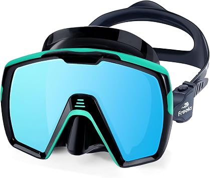 Freela Adult Snorkel Diving Mask with Nose Cover for Men Women Youth, Mirrored Blue Tempered Glass Anti Fog 180 Clear Wide View Leak Resistant Waterproof Scuba Free Diving Goggles