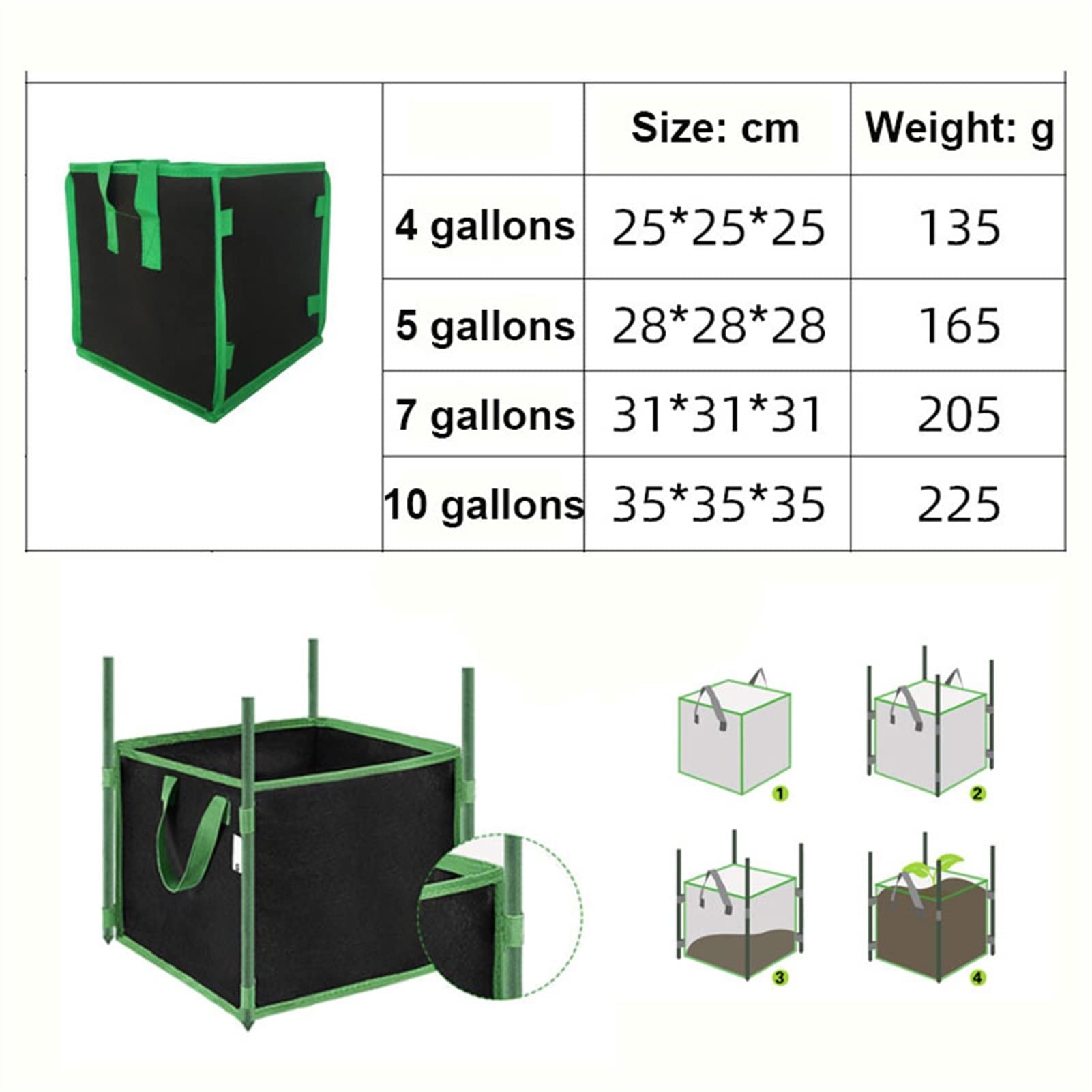 Paquete de 6 Bolsas de Cultivo cuadradas, Bolsas de Tela Gruesa con Asas, recipientes for macetas de jardín for el Cultivo de Flores y Verduras, Verde (Blanco : Verde, Size : 25x25x25cm(4gal))