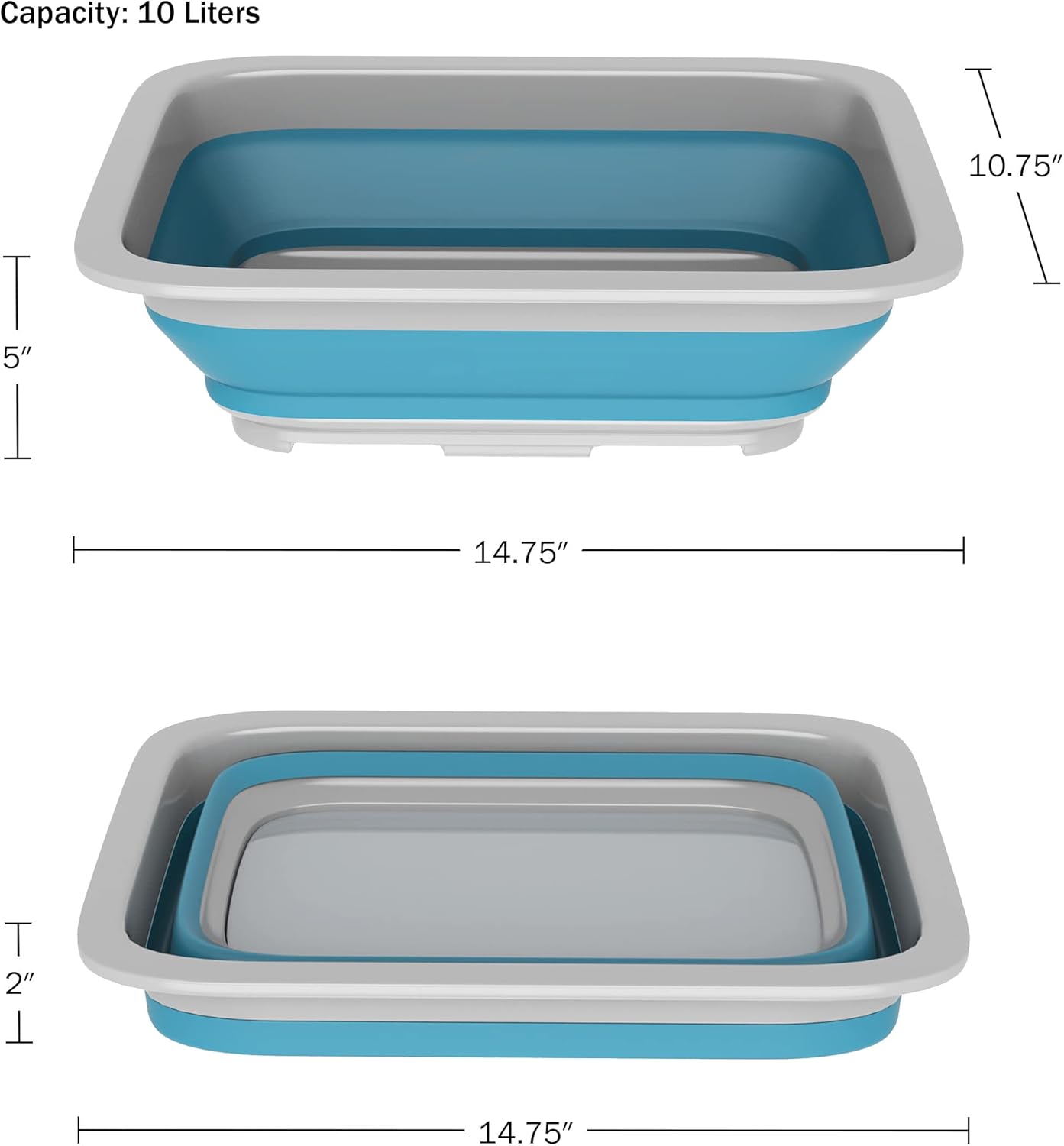 Dimensions of the blue and gray collapsible camp sink, showing 10.75 inches width, 14.75 inches length, and 5 inches height when expanded, and 2 inches height when collapsed.