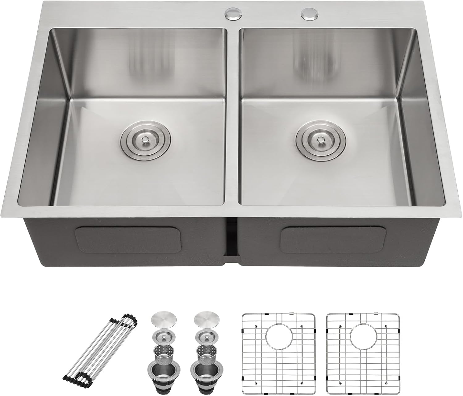 Sarlai 33 Inch Drop In Kitchen Sink Double Bowl - 33 x 22 Drop Sink Stainless Steel Topmount 16 Gauge Double Bowl 50/50 Divided Above Counter Top Mount Kitchen Sinks Basin