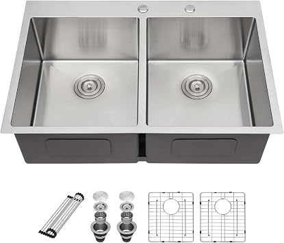 Sarlai 33 Inch Drop In Kitchen Sink Double Bowl - 33 x 22 Drop Sink Stainless Steel Topmount 16 Gauge Double Bowl 50/50 Divided Above Counter Top Mount Kitchen Sinks Basin