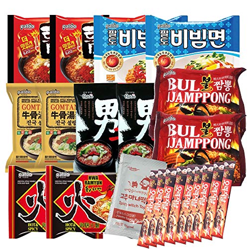 Korean Hit K-Foods Noodle Ramen Variety Pack w/ Tteokbokki Sauce & Instant Coffee Mix Box, Teumsae, Bibimmen, Gomtang, Hwa, Bul Jjamppong, Namja Ramen, Pack of 23