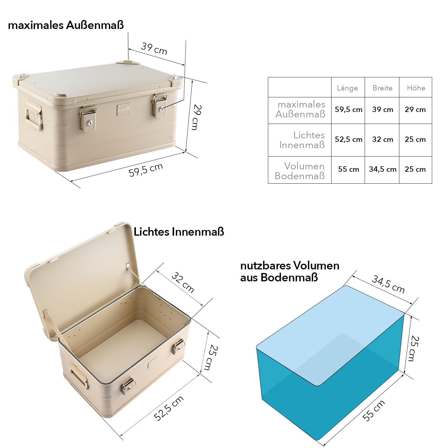 Alubox Alukiste abschließbar E47S SAHARA sand beige - Premium Lagerbox 47 Liter - Materialstärke 1mm - Deckel mit Aluminium Druckguss Stapelecken und Gummidichtung - inklusive Schlösser - lackiert