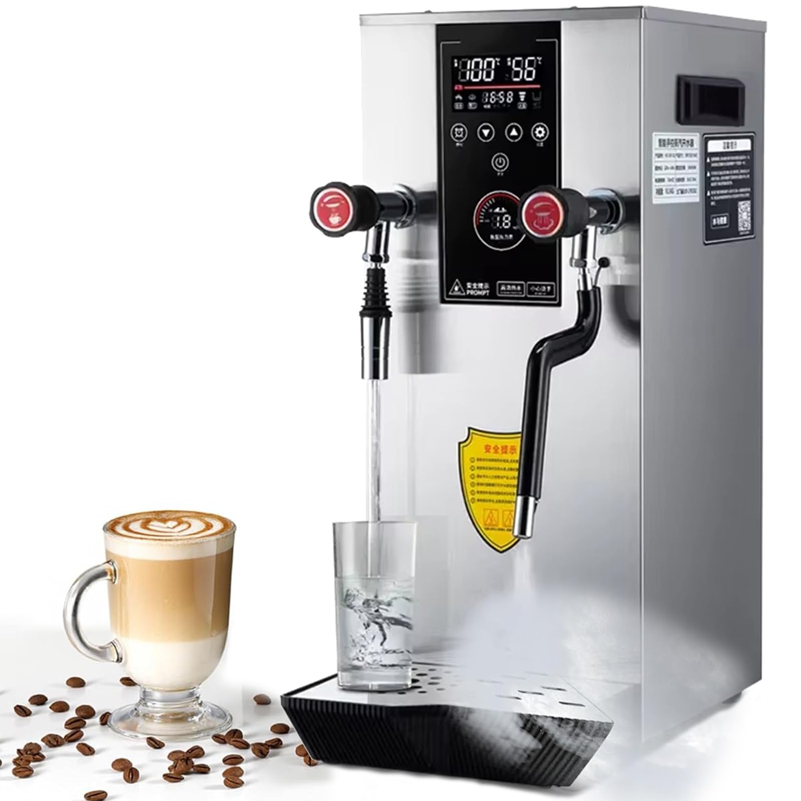 2200W Montalatte a Vapore Professionale,Doppia Uscita,12L Macchina per Acqua a Vapore,Valvola Vapore/Valvola Acqua a Rotazione Libera a 360°,LED & Manometro,Per Caffetterie e Case,Silver