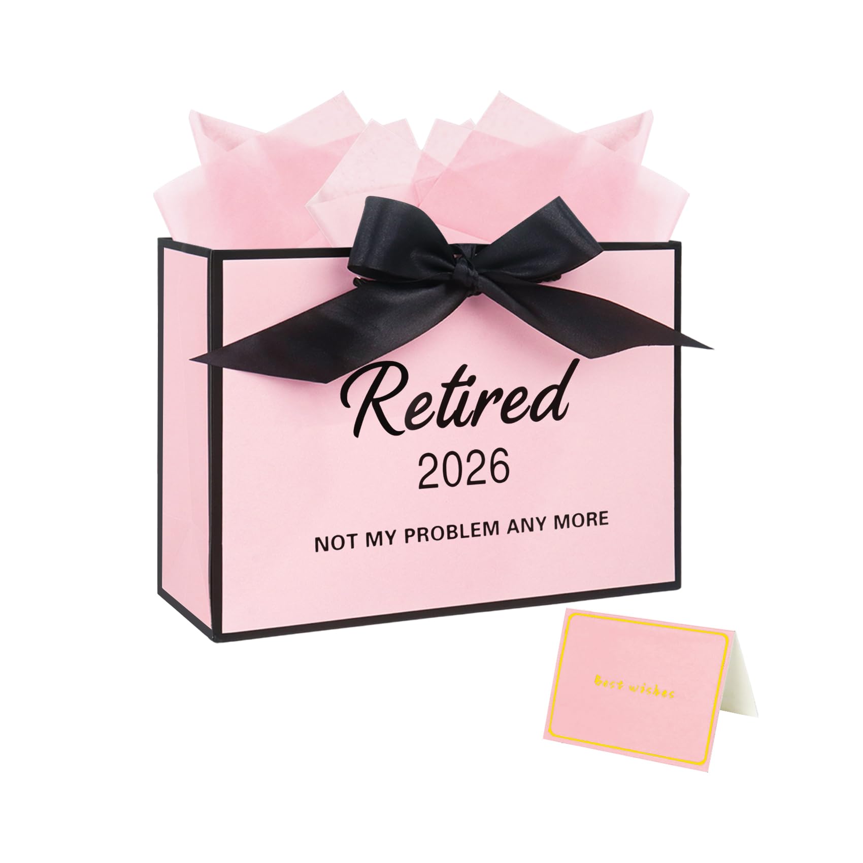 Nideen Retirement Gift Bag with Ribbon Tissue Paper & Card, 11” Pink “Retired” Leaving Gift Bag for Colleagues Women Farewell Gift Wrap Bag
