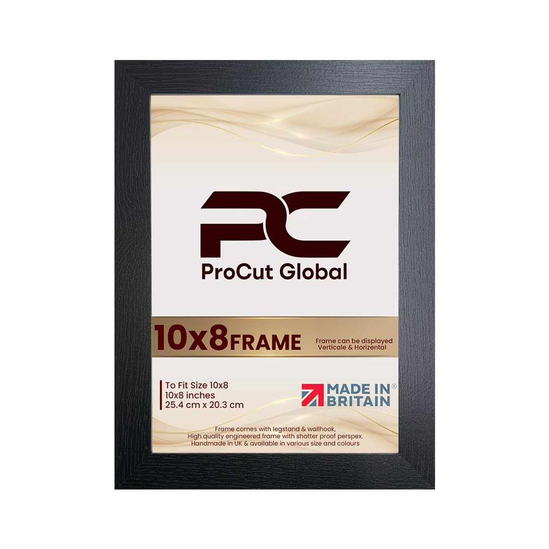 Procut Global Picture Frames 10x8 Black - Modern 10x8 Frames With Safe Perspex Front & Wall Hanging Hooks - Premium Synthetic Wood - Handmade Frames