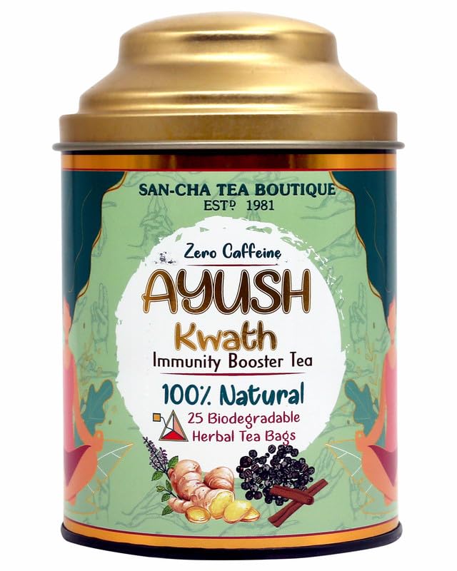 Image of Sancha Tea Boutique Ayush Kwath, Caffeine Free Herbal Tea Bags (Pack of 25), 100% Biodegradable Pyramid Tea Bags, All Natural Immunity Booster Tea, Original Ayurveda Tea made with Tulsi,Ginger,Black Pepper & Cinnamon