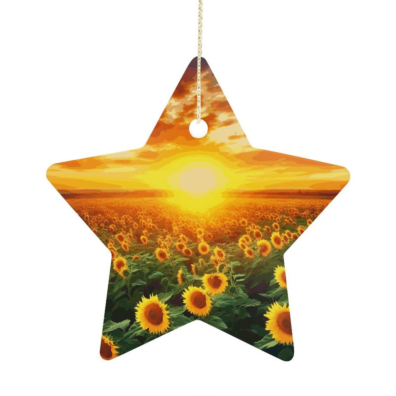 Dreamlike Sunset of A Sunflower Field Stars Ornaments Ceramic Christmas Tree Hanging Light in Weight Christmas Star Pendants Funny Double-Sided Printed Xmas Ornaments for Gifts