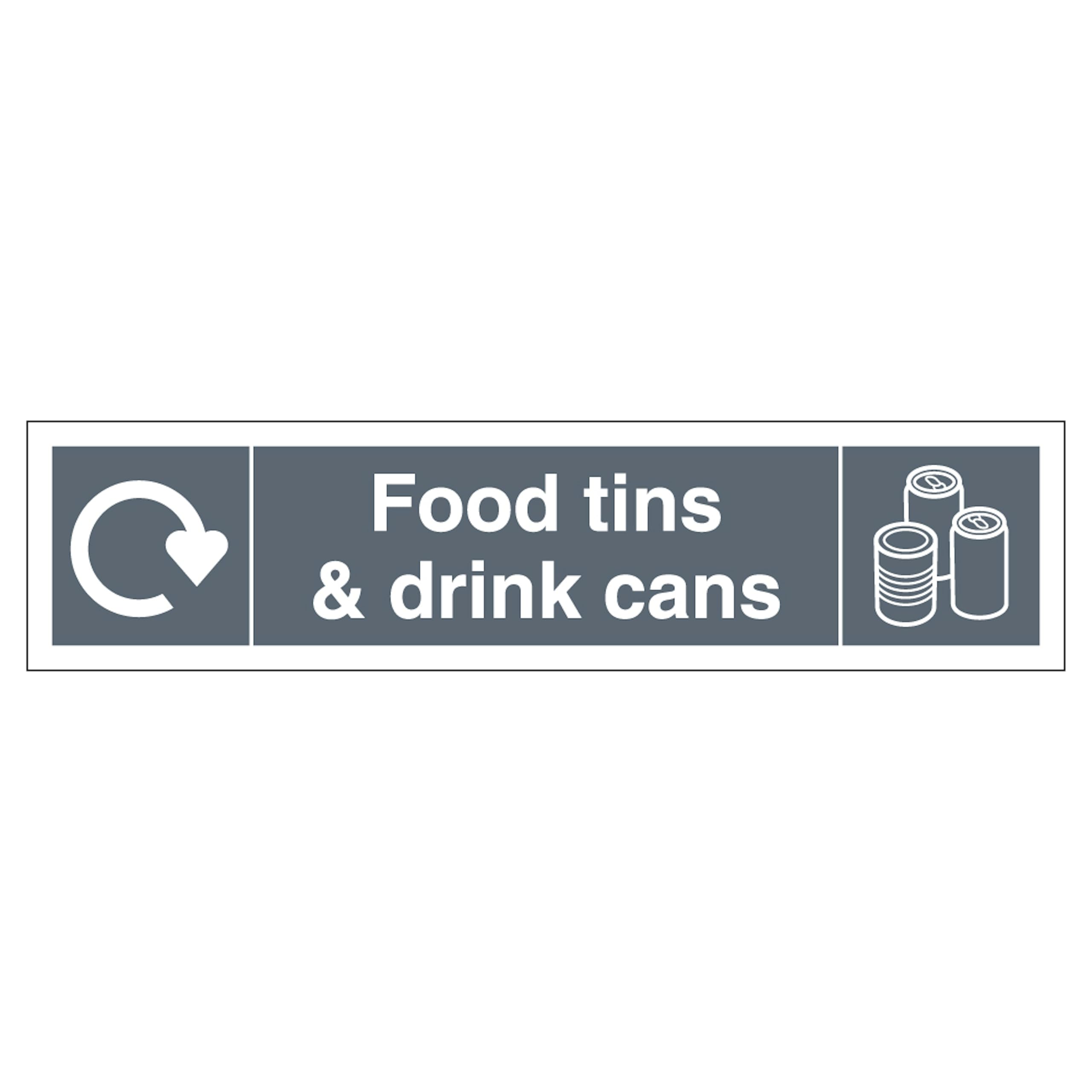 V Safety WRAP - Food Tins And Drink Cans Recycling - Slim Landscape 250 x 60 mm - 2mm Rigid Plastic Safety Sign