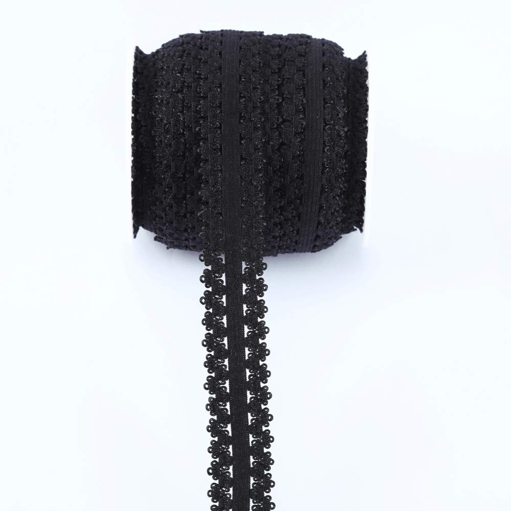 Un rollo de 16 yardas de encaje elástico con borde de picot de 3/4 pulgadas, bordes volantes, cinta elástica, encaje para diademas (negro)