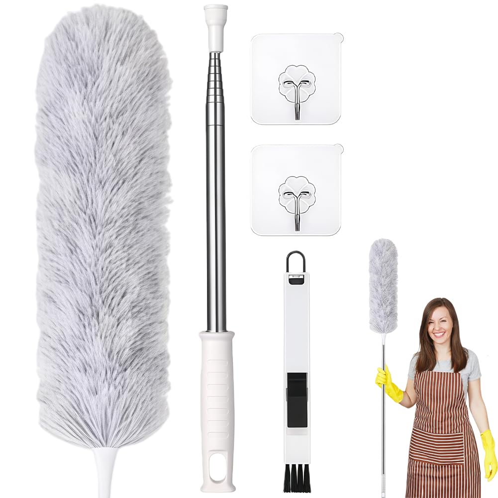 Zappelstift Grey 4Pcs Feather Duster, Dusters For Cleaning, Microfibre Feather Duster Bendable Washable Long Duster, Long Feathers Dusters For Cleaning Ceiling Fan,High Ceiling,Furniture