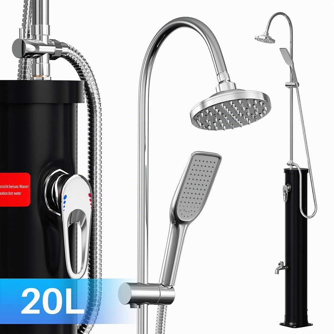Doccia solare 20 L con braccio rubinetto a mezza altezza – Doccia esterna salvaspazio con cappuccio di protezione UV, doccetta e vite di scarico – Nero