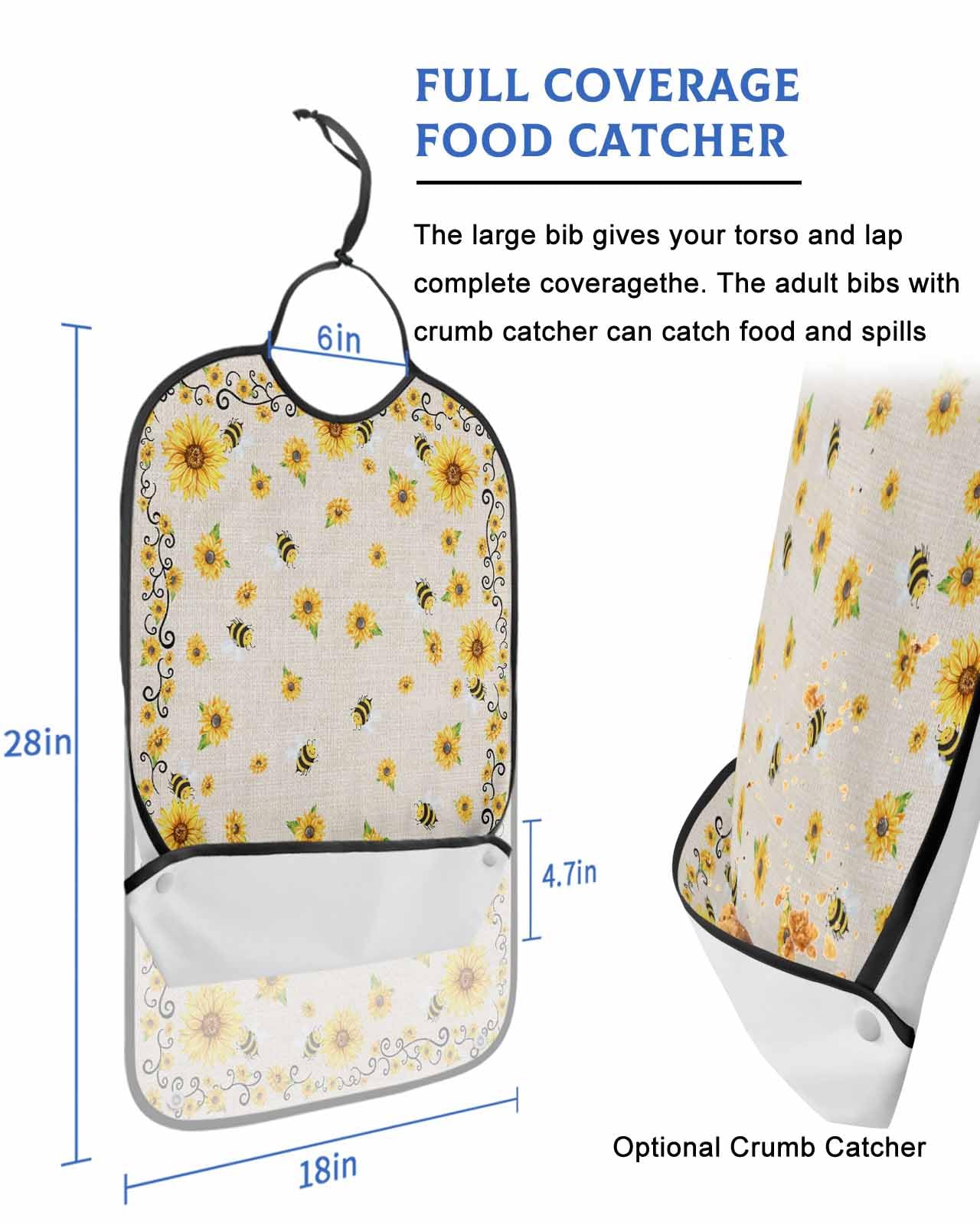 LEOKOTI Sunflower Adult Bibs for Eating, Waterproof Bibs with Food Catcher & Adjustable Snap Closure, Yellow Summer Floral Bee Botanical Rustic Washable Clothing Protectors Adult Bibs for Elderly