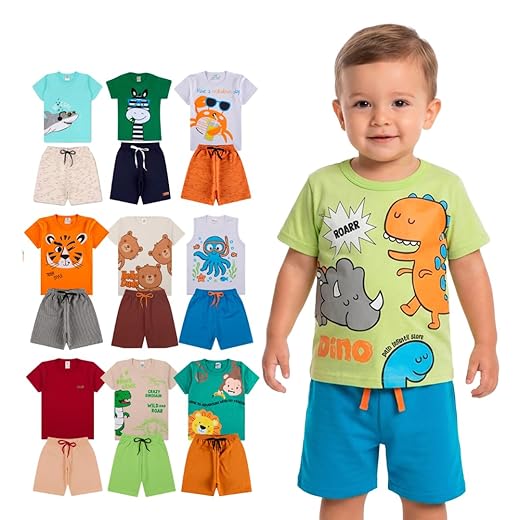 Kit Sortido 14 Peças de Roupa Bebê Menino - Kit 7 Conjunto Curto Masculino Infantil Verão