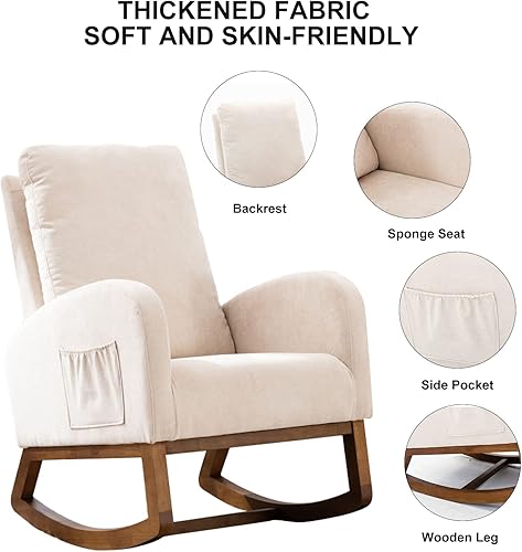 Miniatura 8 de Silla mecedora para guardería sillón tapizado de tela decorativa asiento acolchado de madera con bolsillo de 2 lados silla de lactancia con patas de