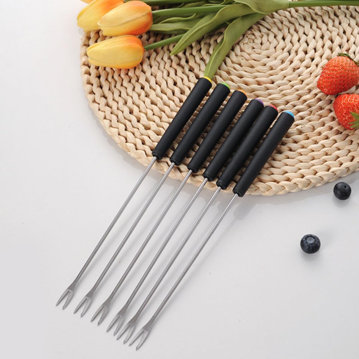 6pcs Stainless Steel Cheese Forks, Two-tine Long Handle Set