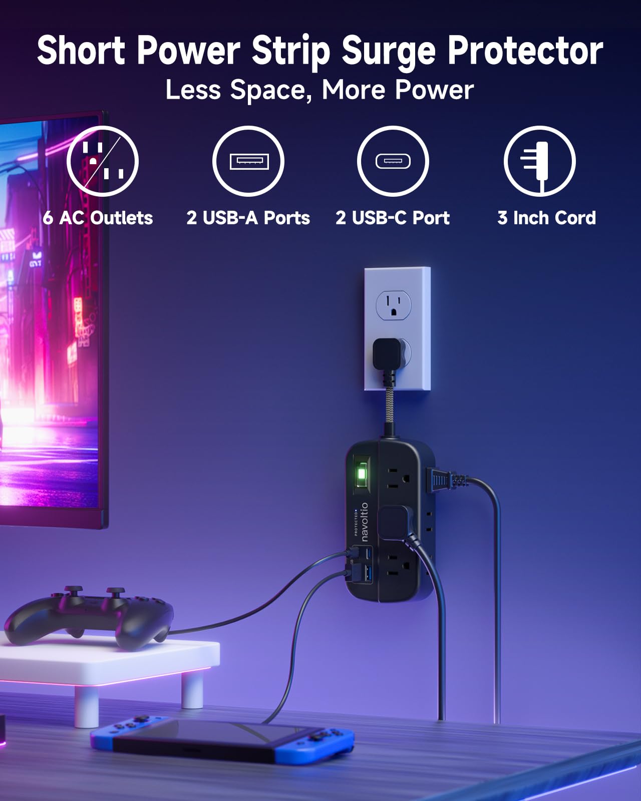 Short Extension Cord Surge Protector, 6 AC Outlets with 4 USB Fast Charge (5V/3.4A 17W), 3' Mini Extension Cord, Small Compact Power Strip, Flat Outlet Extender, 1080J for Home Office Dorm