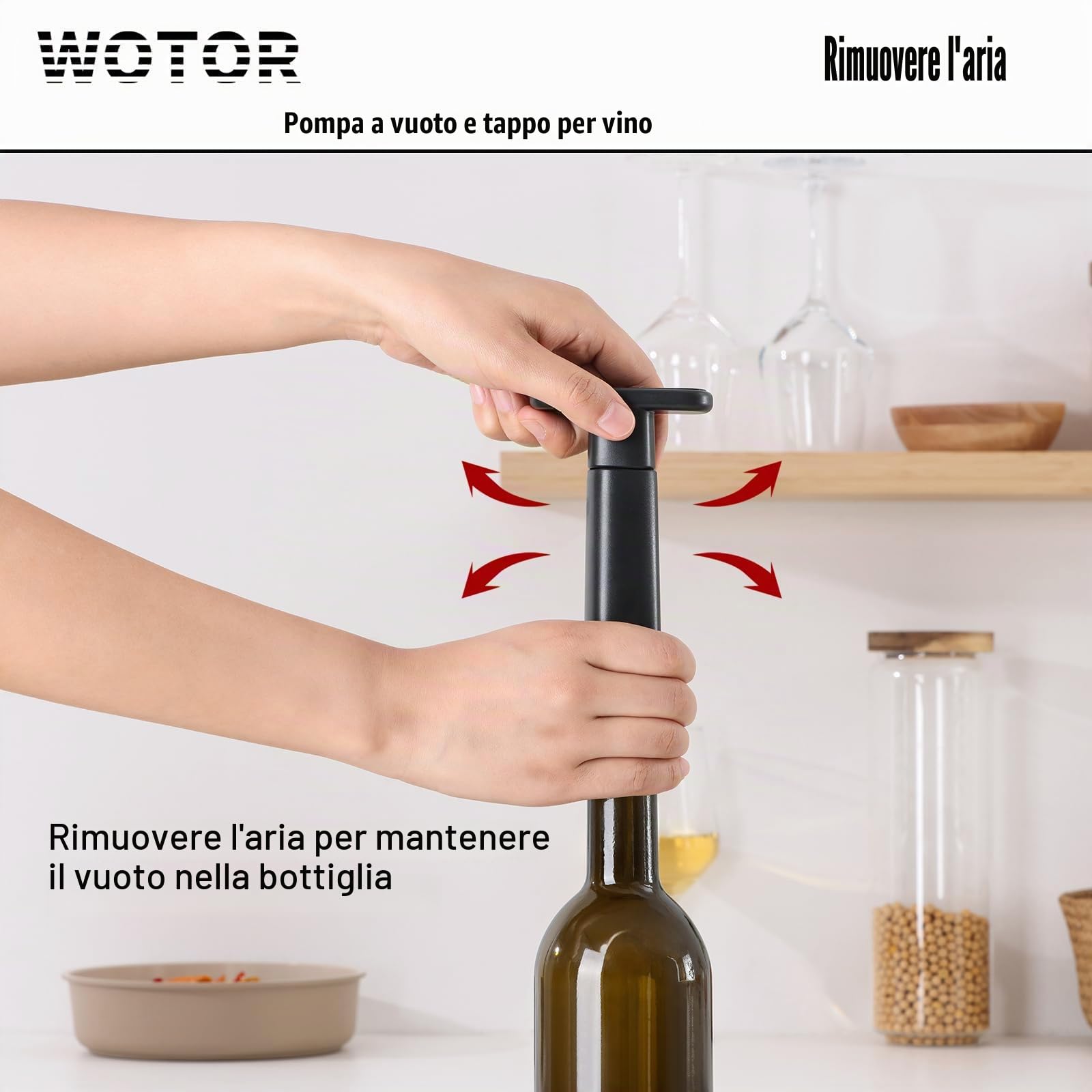 WOTOR Pompa sottovuoto per vino, con 20 tappi, tappo e conservante, riutilizzabile, mantiene fresco, accessorio ideale come regalo (manico piatto)