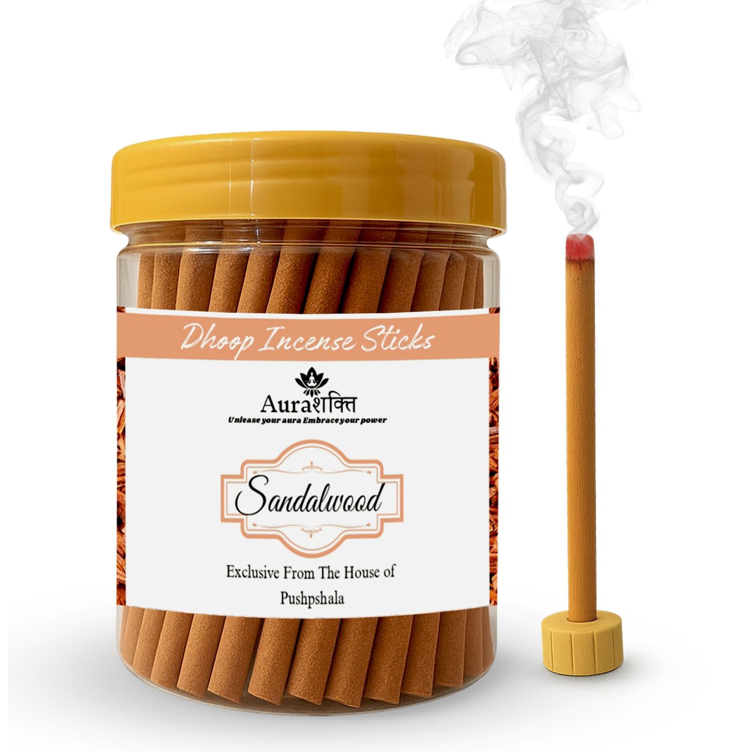 Aura Shakti Dhoop Stick | Dhoop Sticks for Pooja | 200g per Pack (80 Sticks) | 4-Inch | Includes 2 Stick Holders | Long-Lasting Aroma Dhoop Batti | Natural Fragrance Stick (Chandan, Pack of 1)