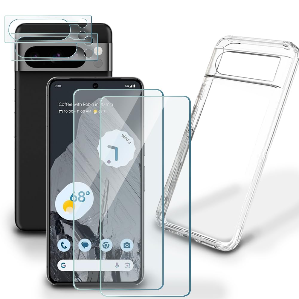 Cell Phone Screen Protector (4+1Pack) Compatible for Google Pixel 8 Pro, Tempered Glass Film Anti-Scratch High Definition and Soft TPU Protective Case