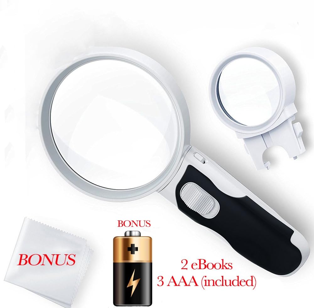 The Magnifying Glass with Light 16X+5X Lens by ProMagnifier (Bonus Cleaning Cloth + 3AAA Batteries R03 + 2 eBooks) Best Magnifying Glass for Reading, Senior, Adults & Kids