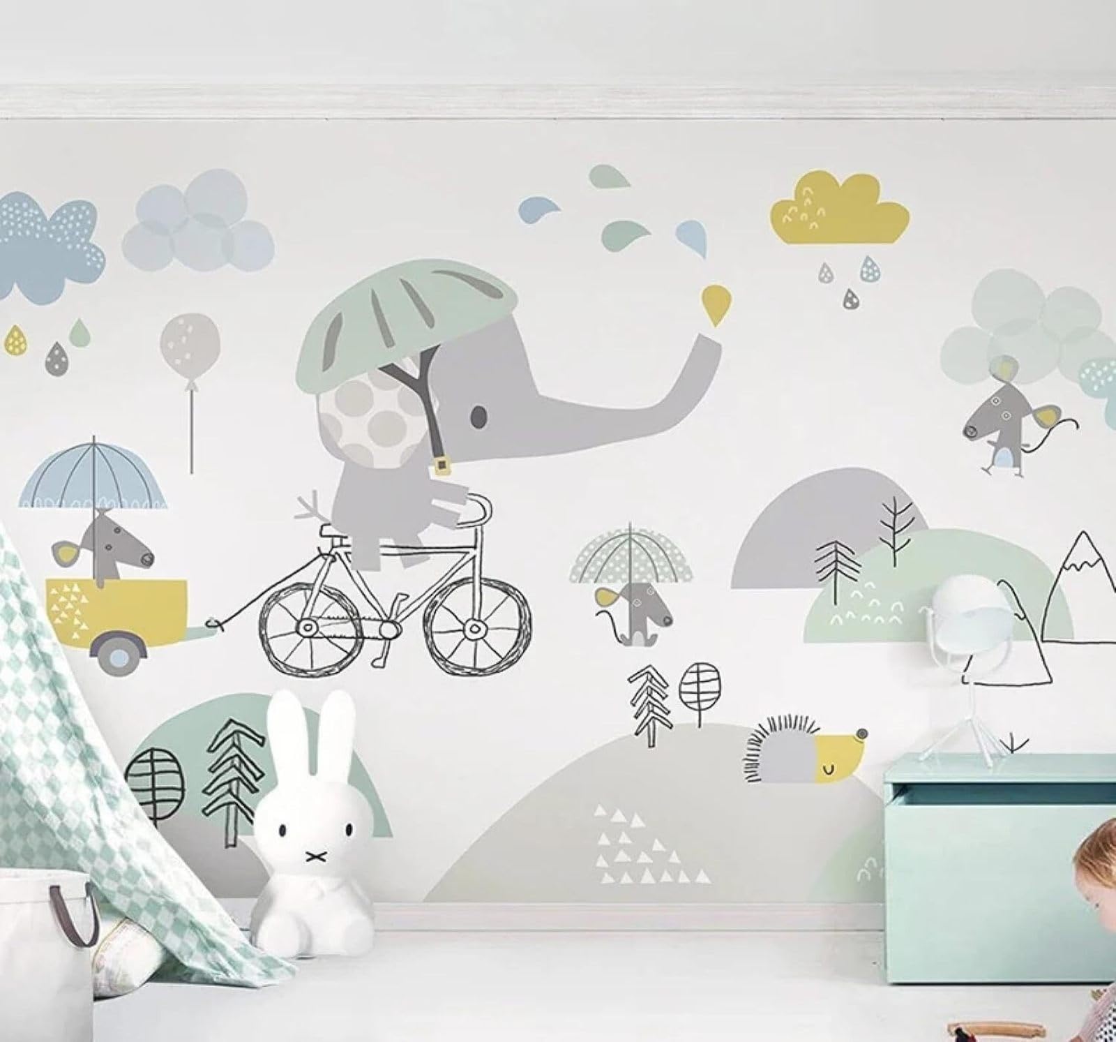 Xlming 350Cm×256Cm(B×H) Cute Cartoon Elephant Riding A Bike Hamster Clouds 3D Wallpaper Silky Texture Home Study Office Grey Dining Room Sofa Bedroom Living Room Tv Backdrop-350Cm×256Cm