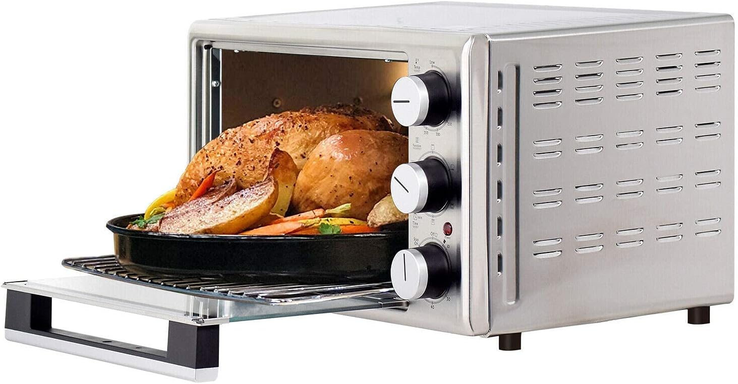 Smad Air Fryer Toaster Oven with a roasted chicken and vegetables inside