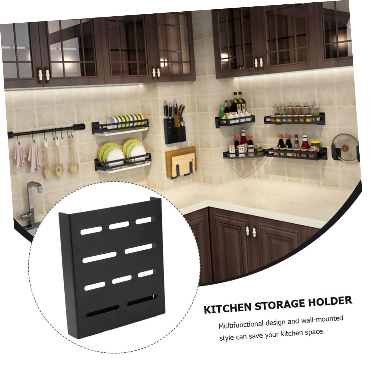 SOLUSTRE 1Pc Wall Mounted Kitchen Storage Rack Versatile Black Organizer for Cutlery Utensils and Seasonings Easy Installation with Glue and Screws for Home Kitchen Storage