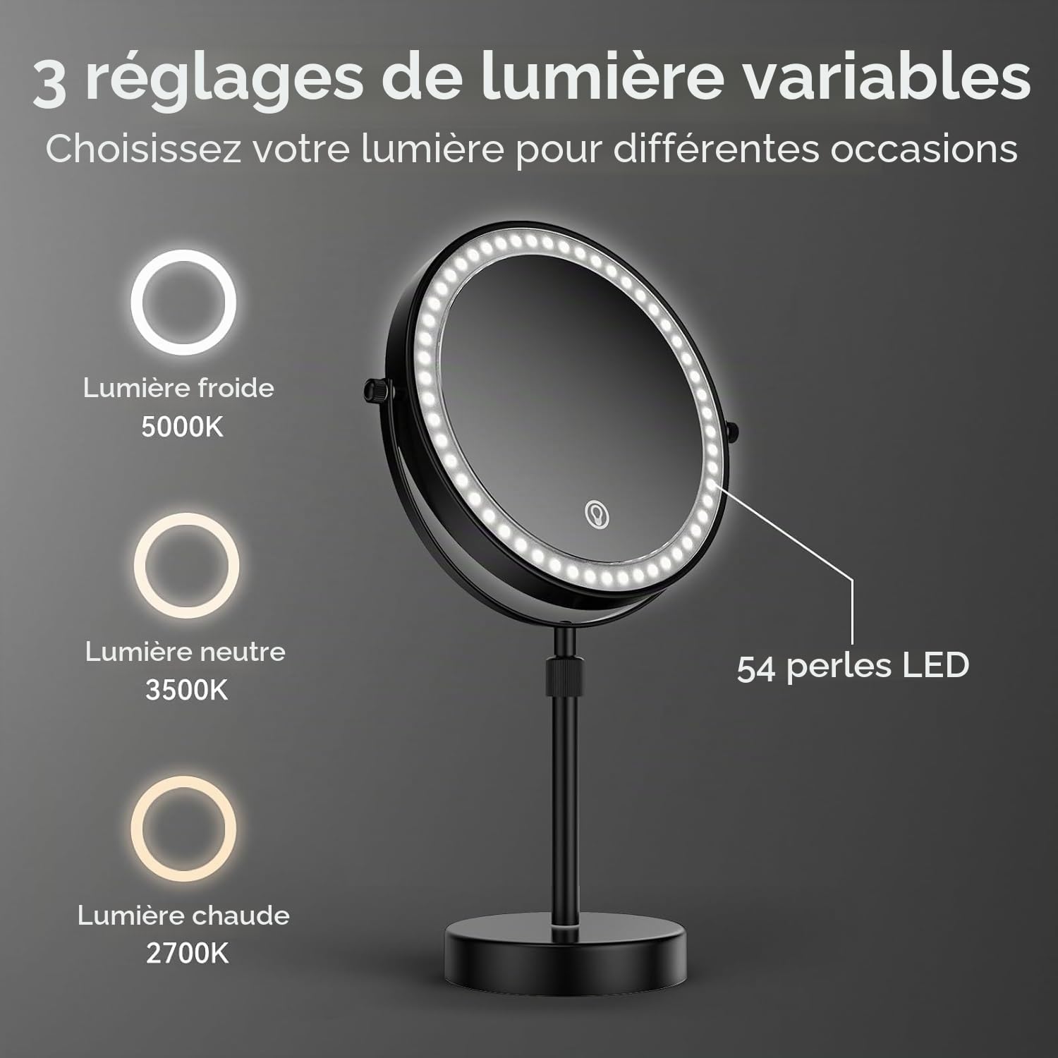 Nicesail Miroir de table réglable en hauteur Noir Miroir de maquillage avec éclairage Rechargeable Miroir cosmétique avec grossissement 5X, Diamètre 20 cm