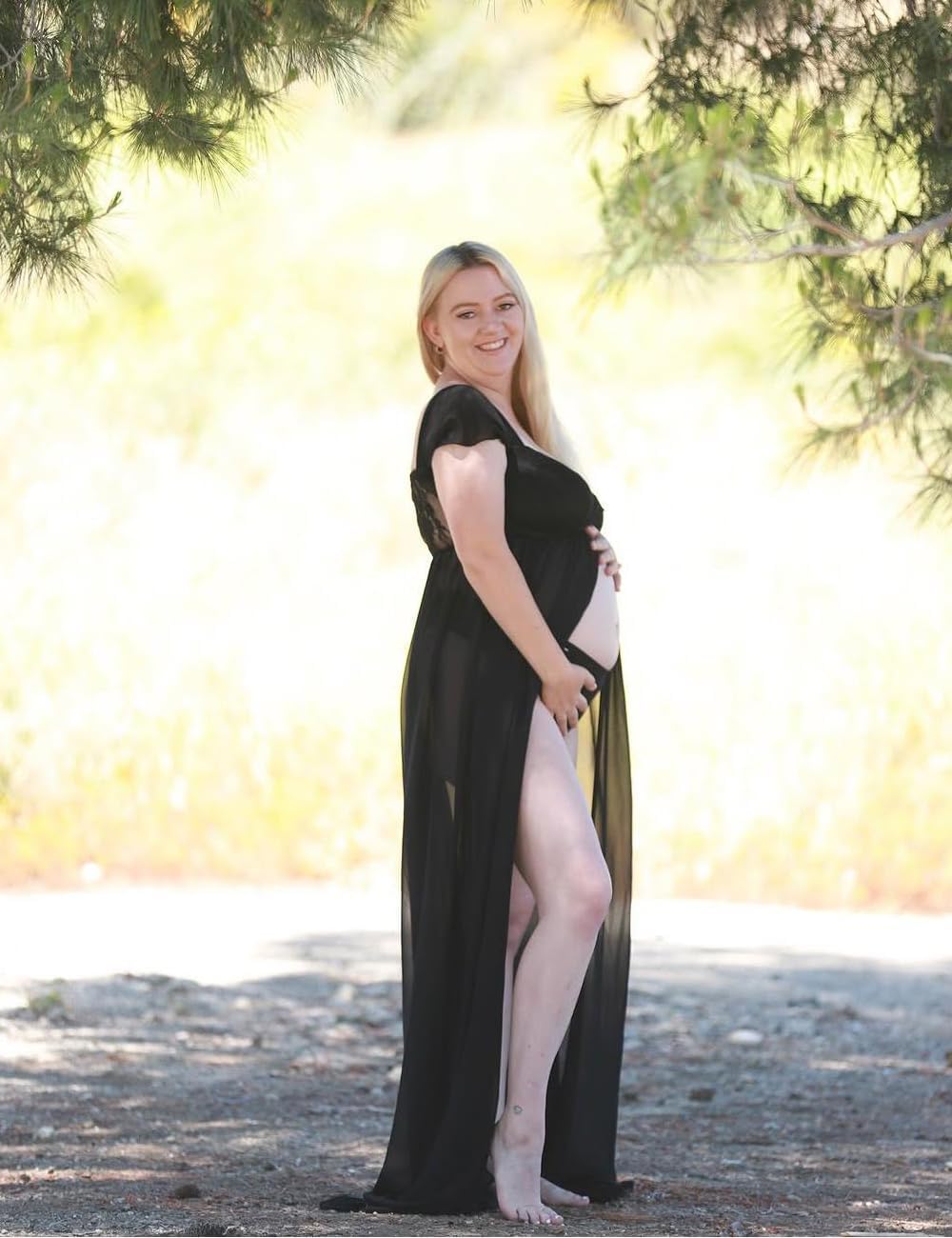 JustVH Maternity Dresses for Photoshoot Off Shoulder Chiffon Lace Gown Split Front Maxi Photography Dresses - Image 6