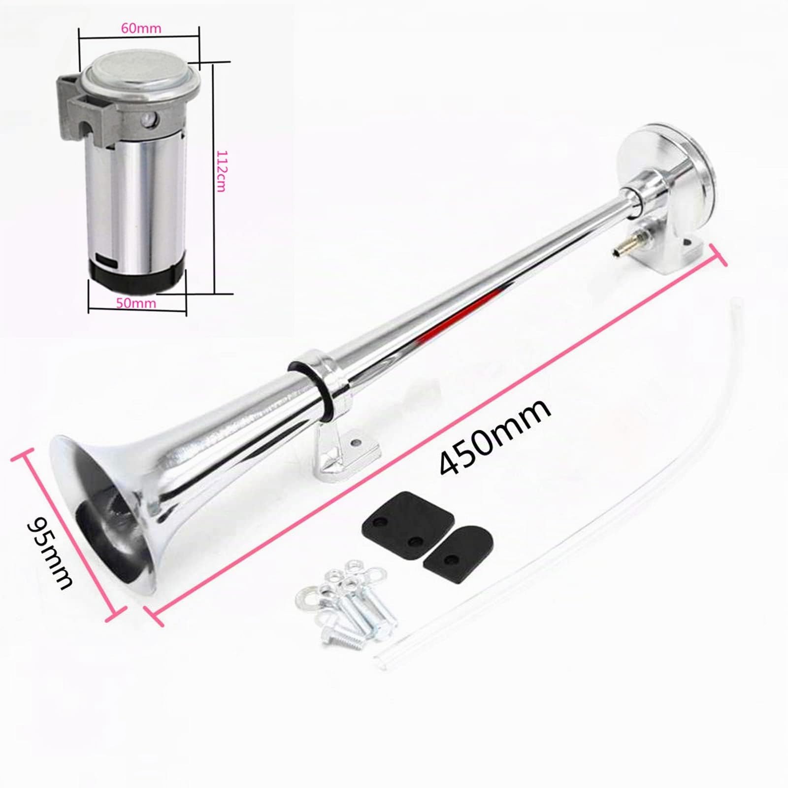 Klaxon d'air de voiture Car Horn 150DB Klaxon de voiture 24V Klaxon de camion 18 pouces Chrome Zinc trompette simple argent Klaxon de pompe à air Horn pour 24V Car Train voiture Bateau ect