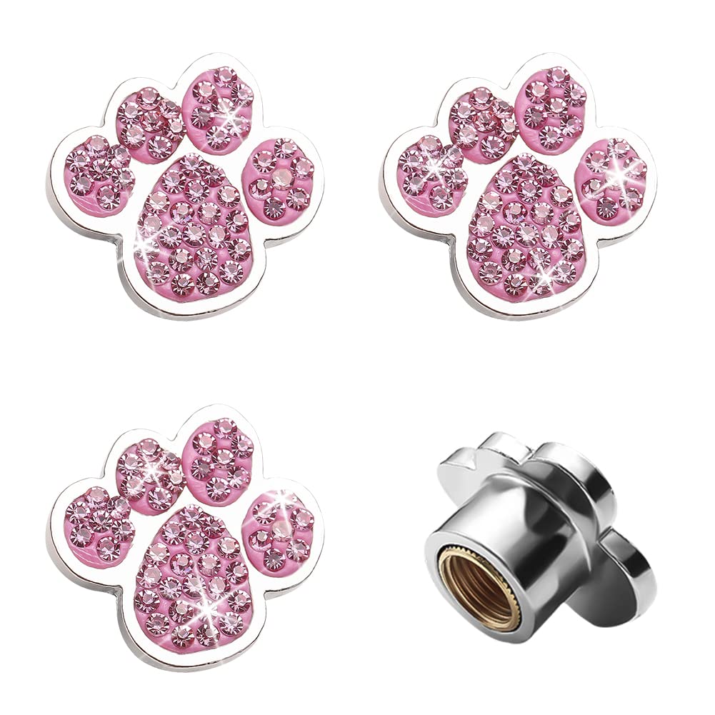 SAVORI Paw Valve Stem Caps Car Accessories Bling Handmade Crystal Rhinestone Universal Tire Valve Dust Caps 4 Pack fit for Car Auto SUV Truck Bike Wheels (Pink)