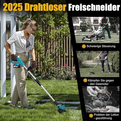 Xbzzgmg Rasentrimmer mit Akku, Akku Rasentrimmer mit 2 Akkus und 2 Messertypen Verstellbarer Freischneider, Teleskop-Freischneider Akku mit Geringem Geräuschpegel für Höfe, Gärten und Gehwegkanten 6