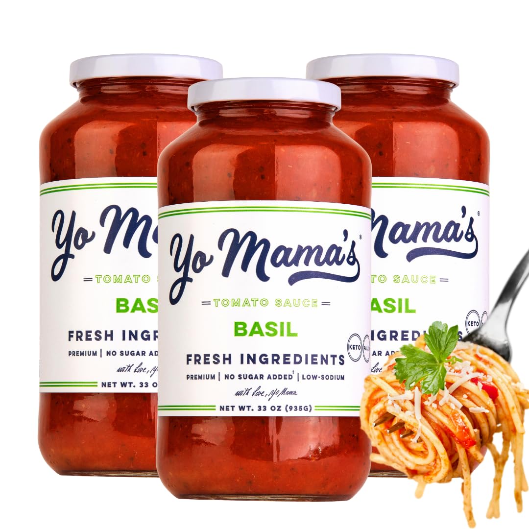 Yo Mama's Foods Keto Tomato Basil Pasta and Spaghetti Sauce - Pack of (3) - No Sugar Added, Low Carb, Low Sodium, Vegan, Gluten Free, Paleo Friendly, and Made with Whole, Non-GMO Tomatoes