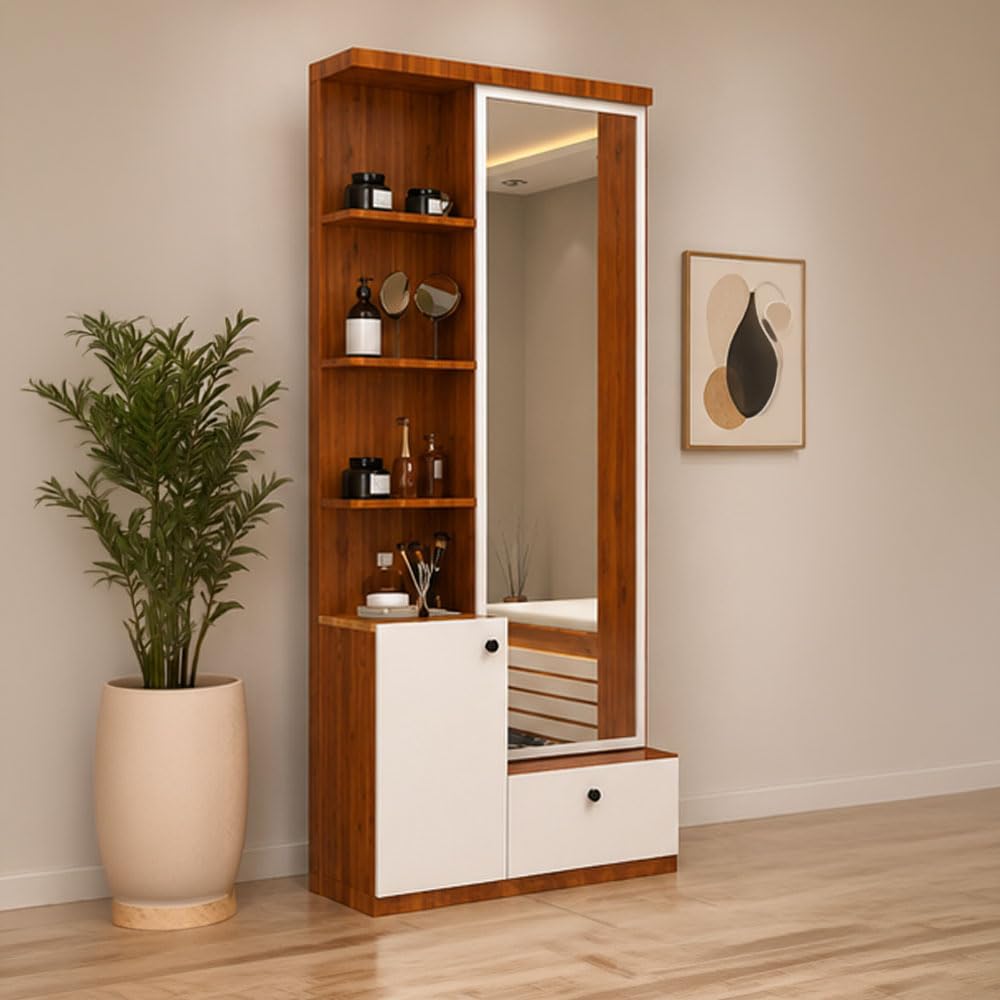 Claire Dressing Table | Open Display Shelves, Full-Length Mirror, Bedroom Vanity Unit, Modern Design, Two-Tone Finish-image-12