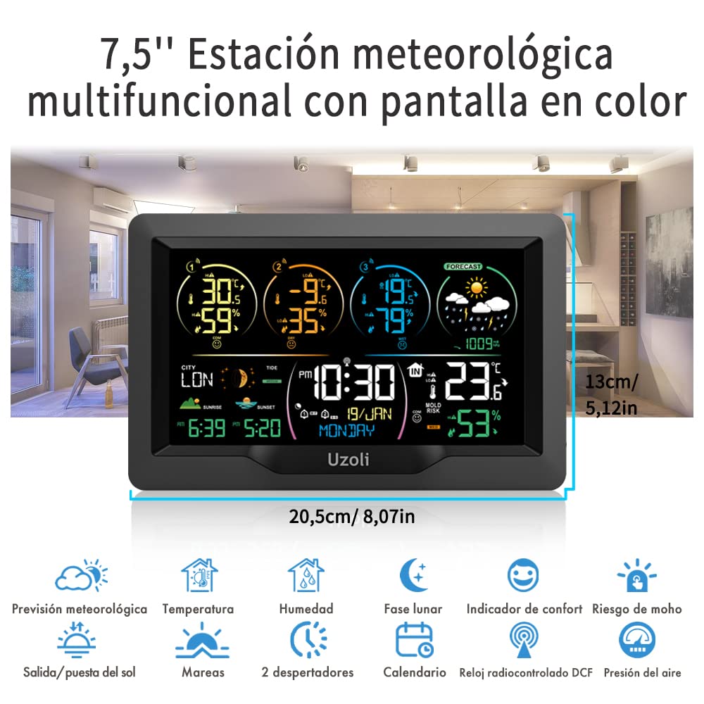 Uzoli EM3390 Estación meteorológica inalámbrica con 3 sensores, Reloj DCF | Termómetro-higrómetro, Alarmas, Previsión meteorológica, Presión atmosférica, Riesgo de moho, Amanecer, Fase lunar, Mareas