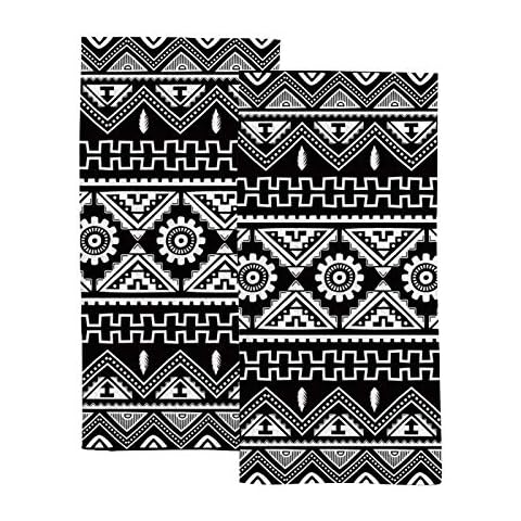 Vantaso Bath Hand Towels Set of 2 Black Ethnic Boho Style, Soft Absorbent Washcloths Towel for Bathroom Kitchen Hotel Gym Spa Cover