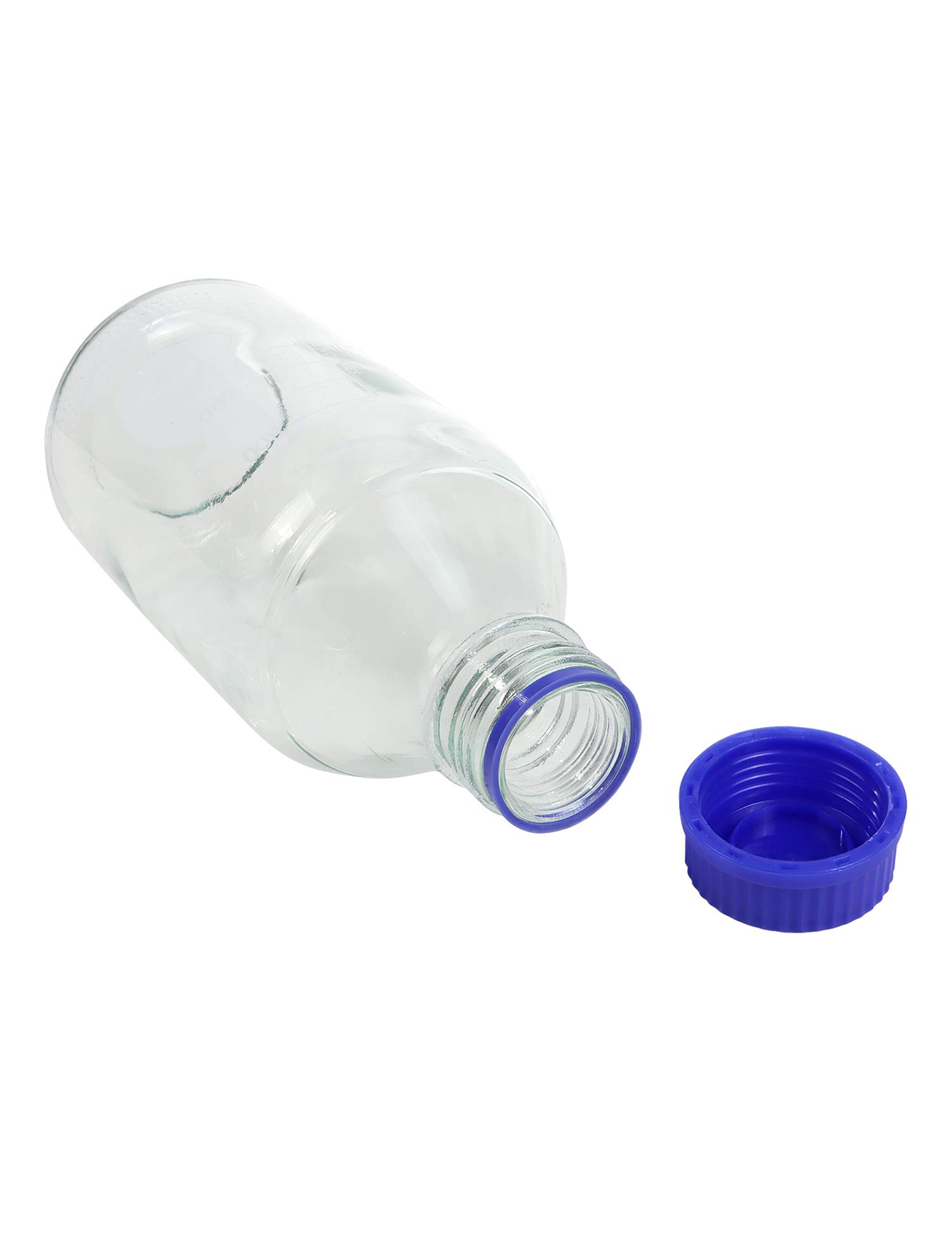 Pyrex - Paquete de 4 botellas de vidrio redondas graduadas de 1000 ml con tapón de rosca de polipropileno azul GL45