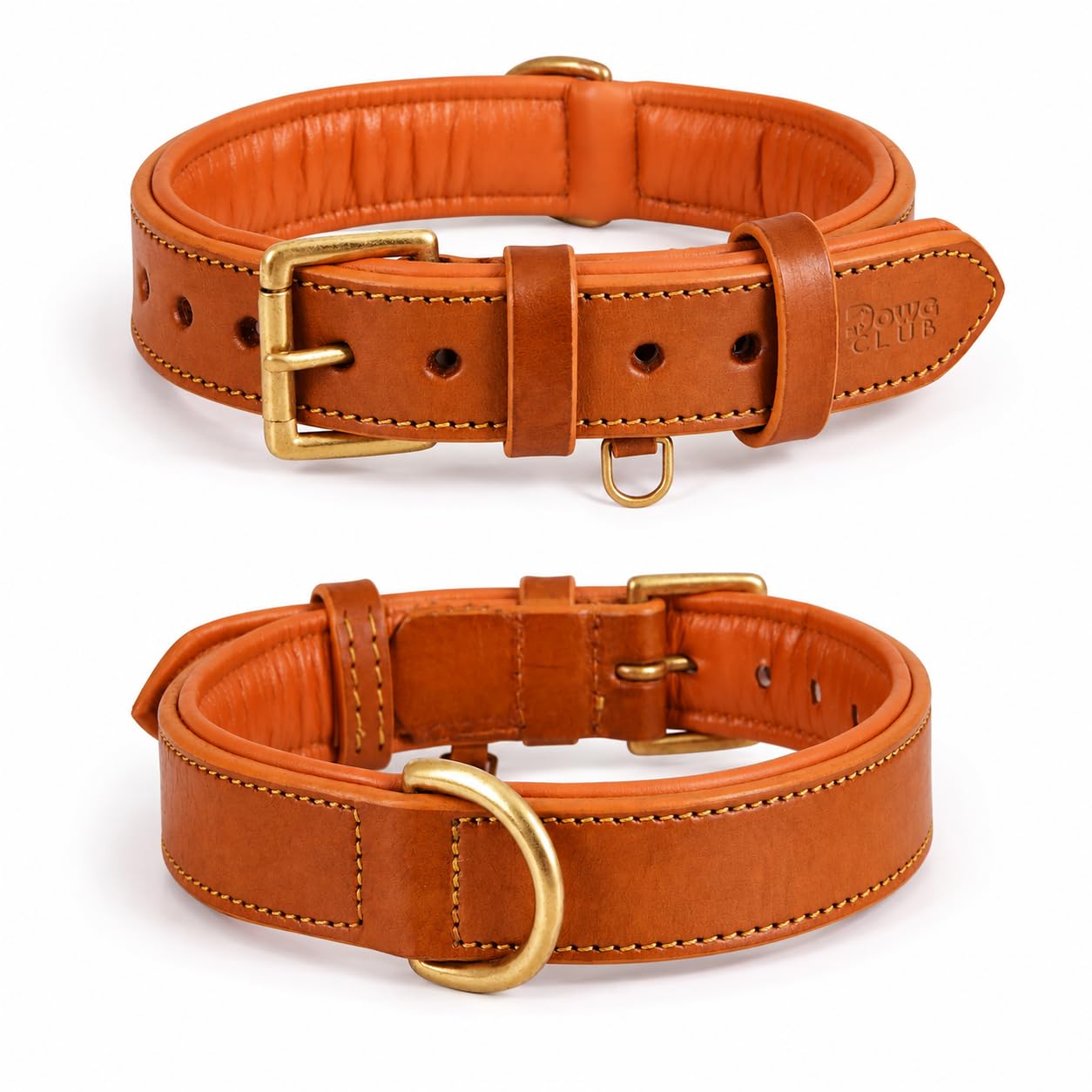 DowgClub Genuine Leather Dog Collar, Orange, XL Large, Soft Padding