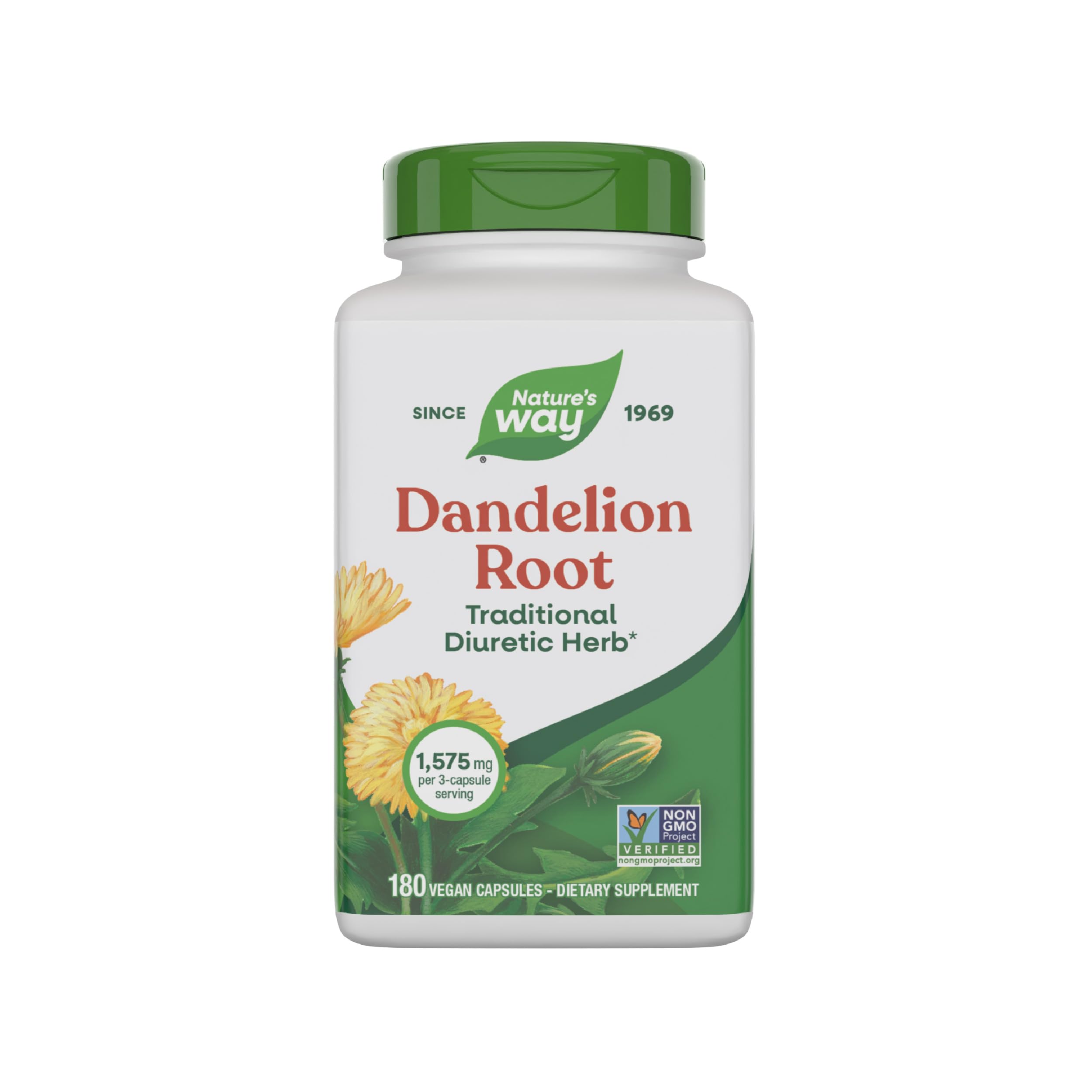 Nature's Way Dandelion Root, Traditional Diuretic Herb*, Traditionally used to Soothe Digestive Upset*, Vegan, 180 Capsules (Packaging May Vary)