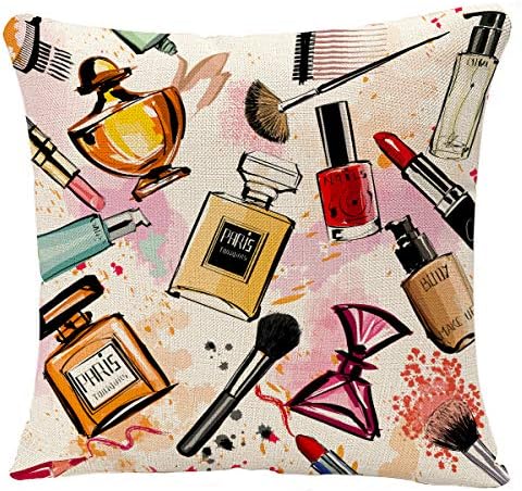 YGGQF Throw Pillow Cover Pink Makeup Watercolor Cosmetics and Perfumes Collection Girly Home Decor Decorative Pillowcase for Sofa 18x18 Inches