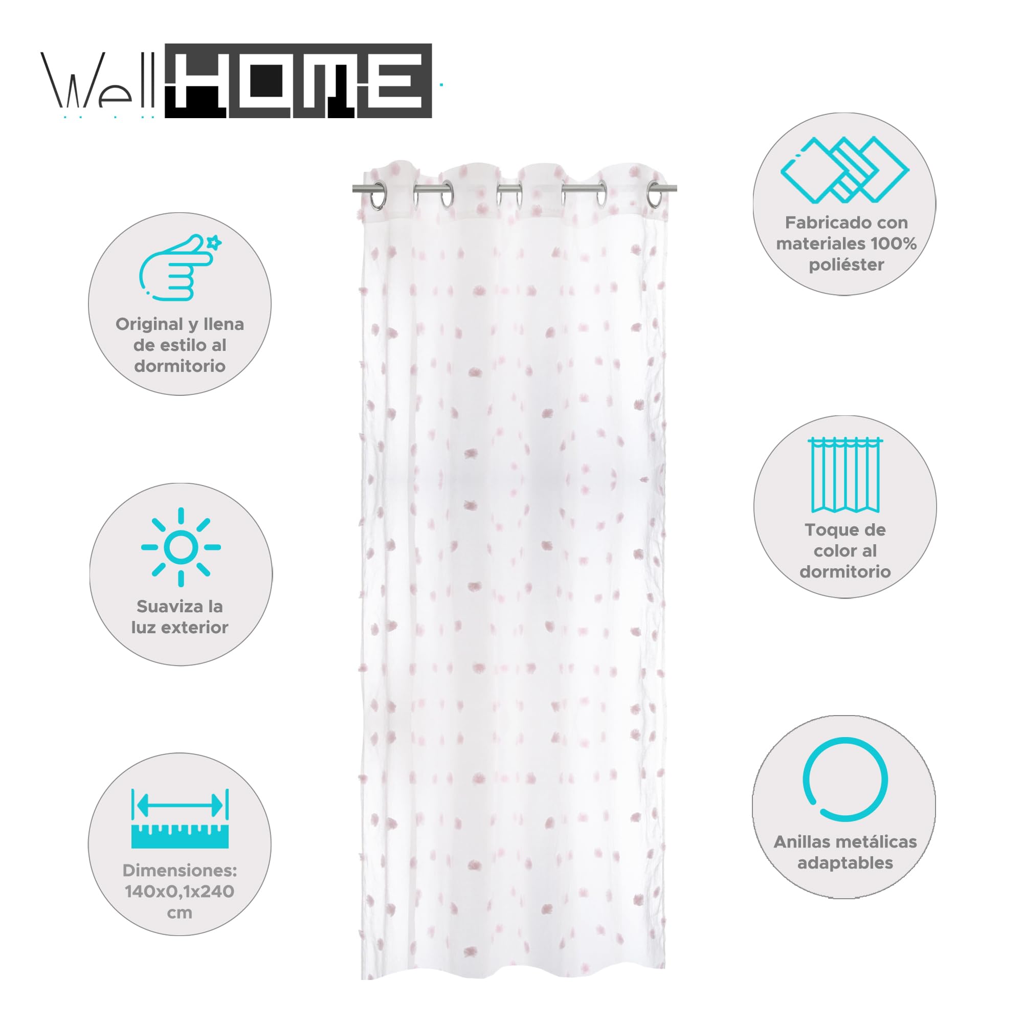 Well Home - Cortina Infantil Pompones Blanca y Rosa
