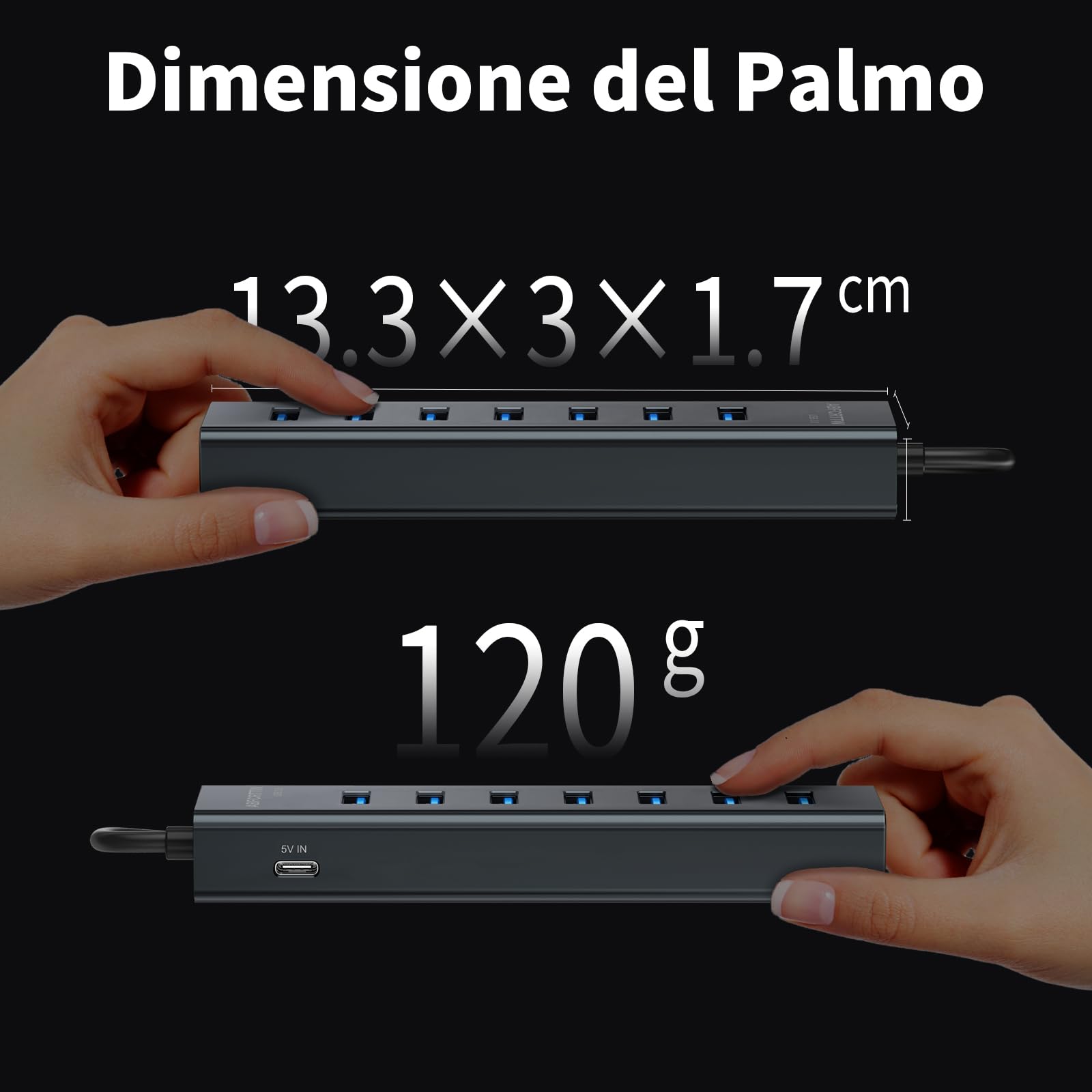 7 Porte Hub USB 3.0 con 120cm Cavo per Desktop, Alluminio Hub USB Multipresa USB Sdoppiatore con USB 3.0 5Gbps, 5V 3A USB-C Alimentato per PC, Laptop, MacBook, U-Disk, Mouse, Tastiera, ecc.