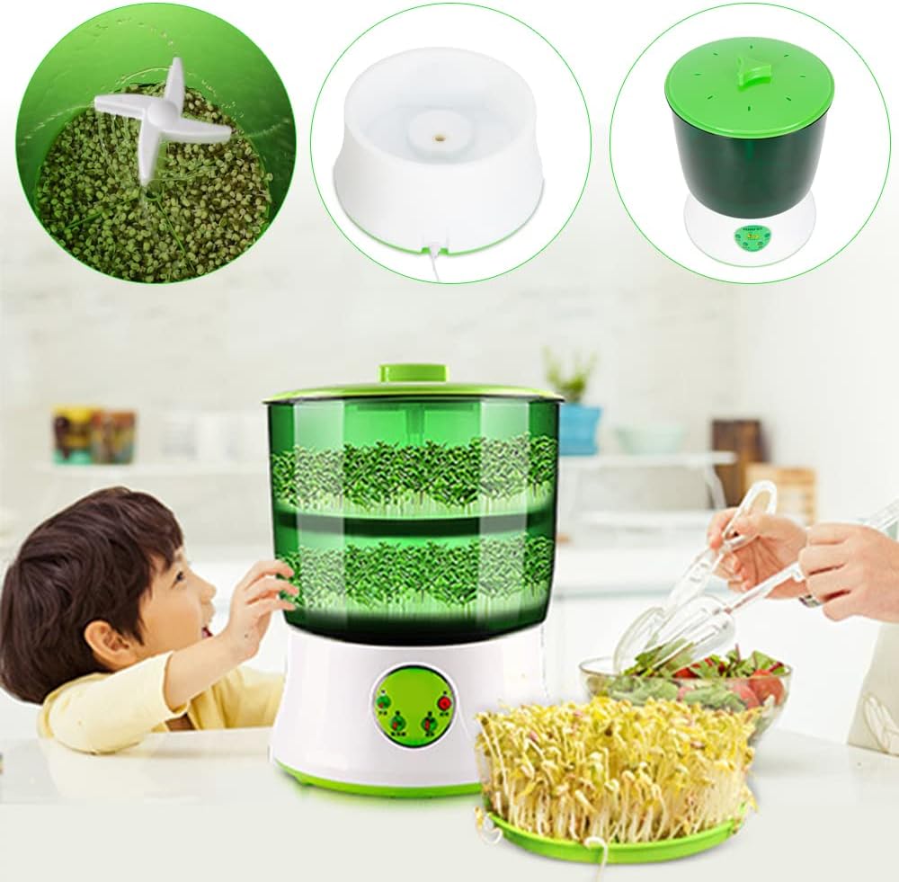 Bean Sprouts Machine, Seed Sprouter Kits, Household Intelligent Automatic Bean Sprouts Maker, 2 Layers Large Capacity Seed Grow, Also for Radish, Alfalfa, Wheatgrass, Broccoli Sprouts