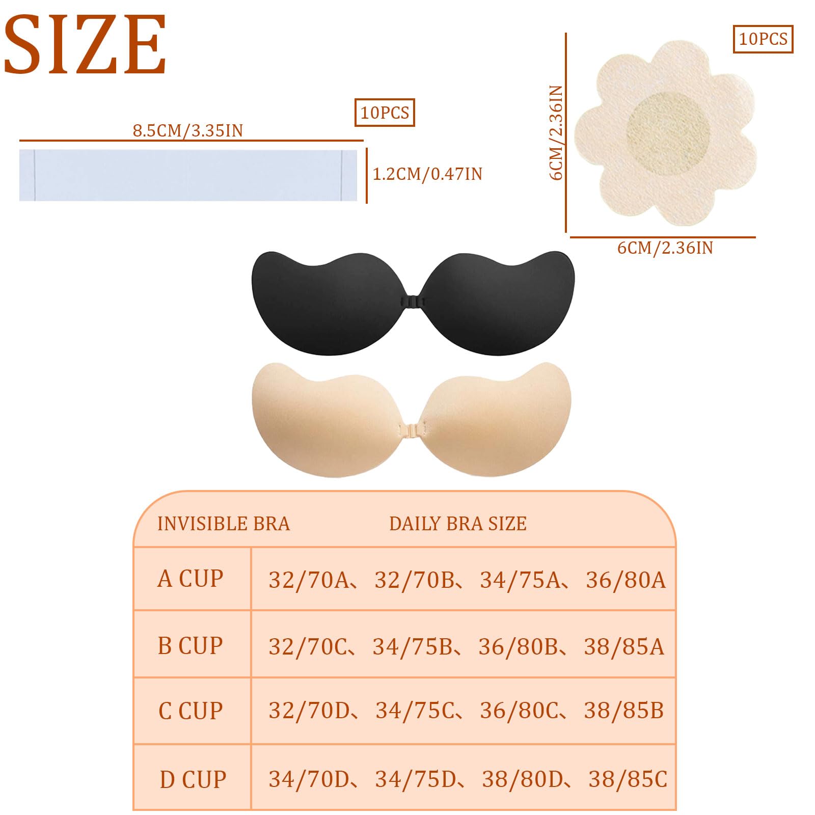 Soutien-Gorge Adhésif Push Up Ensemble, sans Bretelles, avec Adhésives Double Face et Cache-Tétons