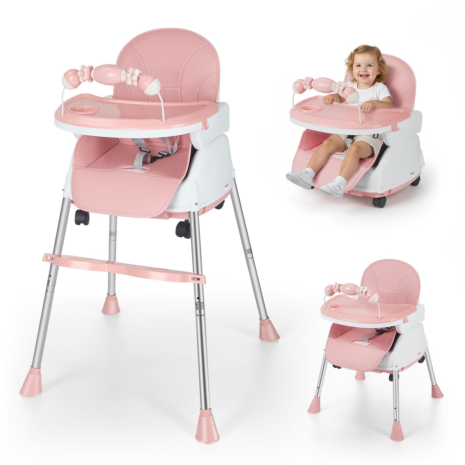Foldable Baby High Chair, High Chair with 5-Point Harness & Removable Tray, 110 lbs Capacity for Newborn 6 Months to 5 Years (Pink)