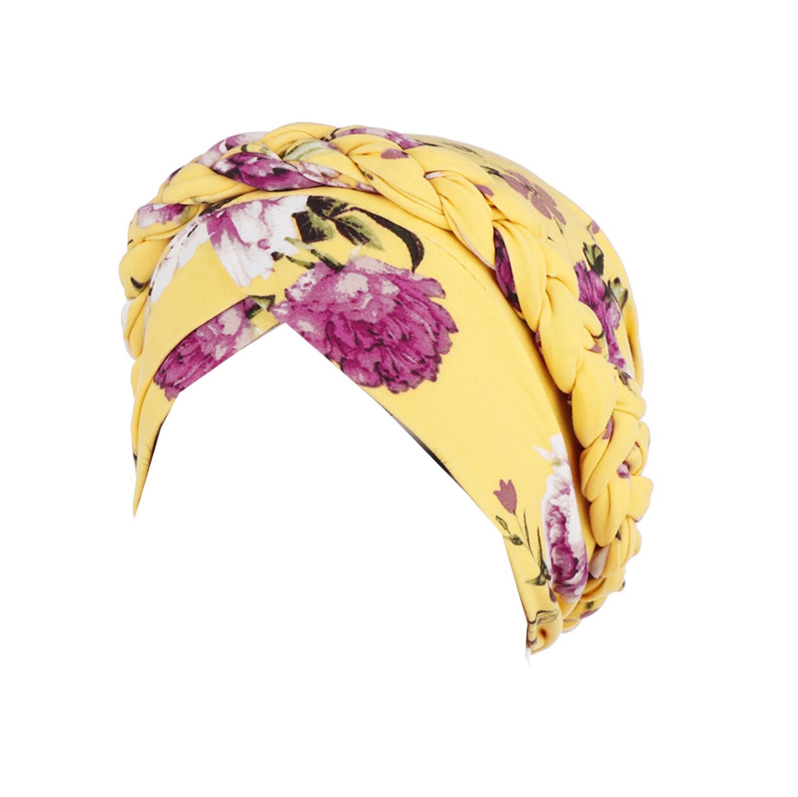 Women's Floral Print Chemo Cancer Cap Braid Hair Cover African Pre-Tied Twisted Head Turbans Head Wraps Hats Yellow