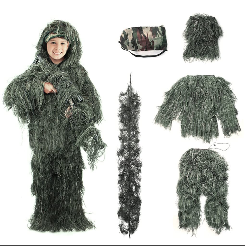 BLUEZY Children Ghillie Suit, Woodland Camo Poncho, Hunting Camouflage Clothes, Adult Ghillie Outdoor Suit, Tops Pants Jacket for Kid & Adult for Cs Halloween Suits A,130