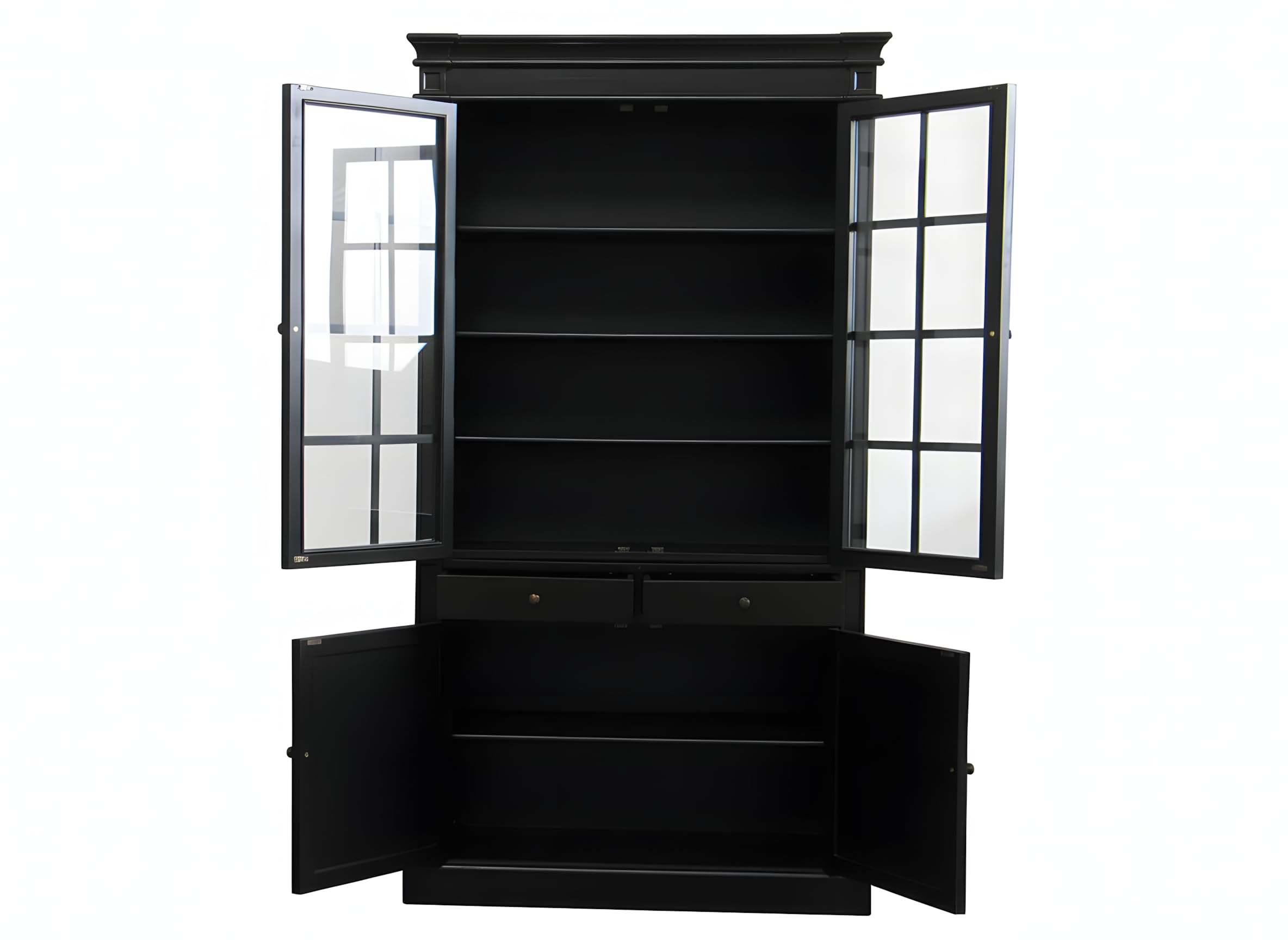 Amaretta, Vitrinenschrank, Massivholz, schwarz lackiert, antik patiniert, 2 Türen, 2 Schubladen, 1 Einlegeböden, Glasfront, Metallgriffe, B 110 x H 200 x T 45 cm, Gewicht 114,5 kg