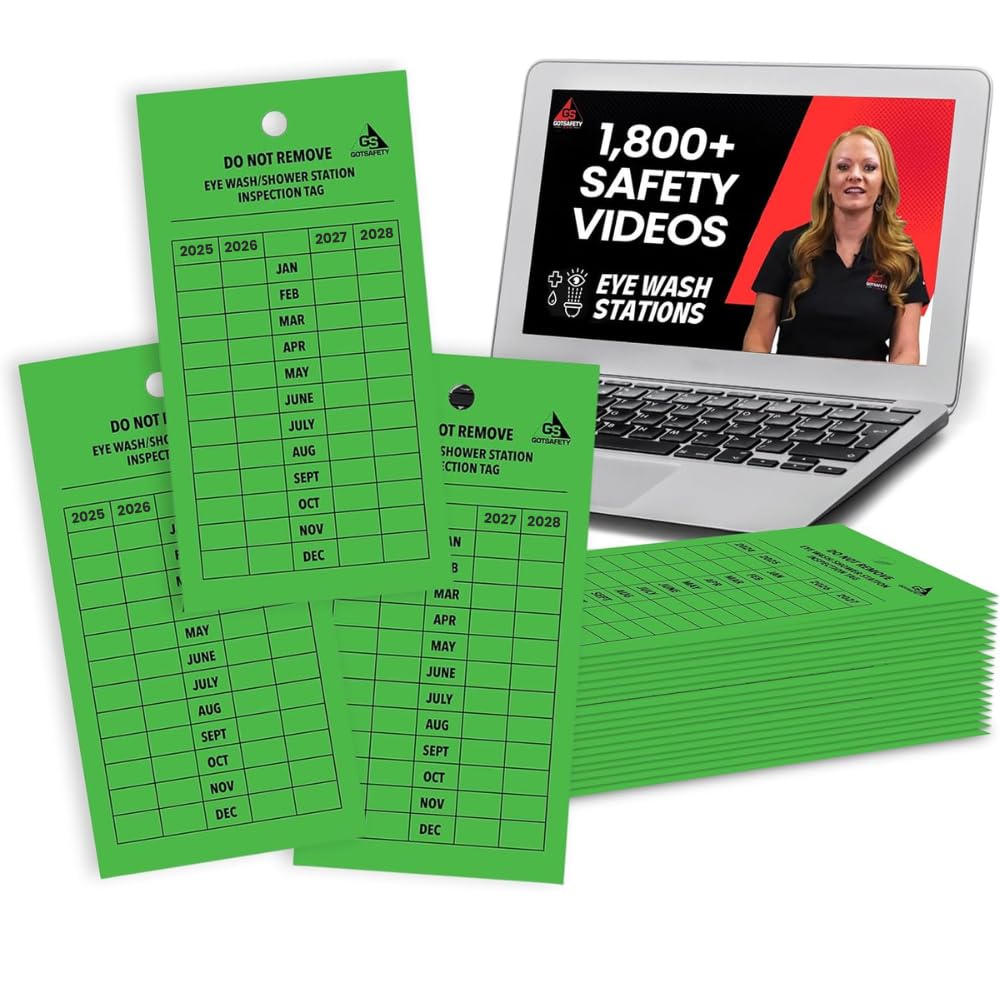 Eye Wash/Safety Shower Station Inspection Tags - 25 Pack, 4-Year Monthly Inspection Record - Premium Vinyl, UV/Waterproof, OSHA Approved